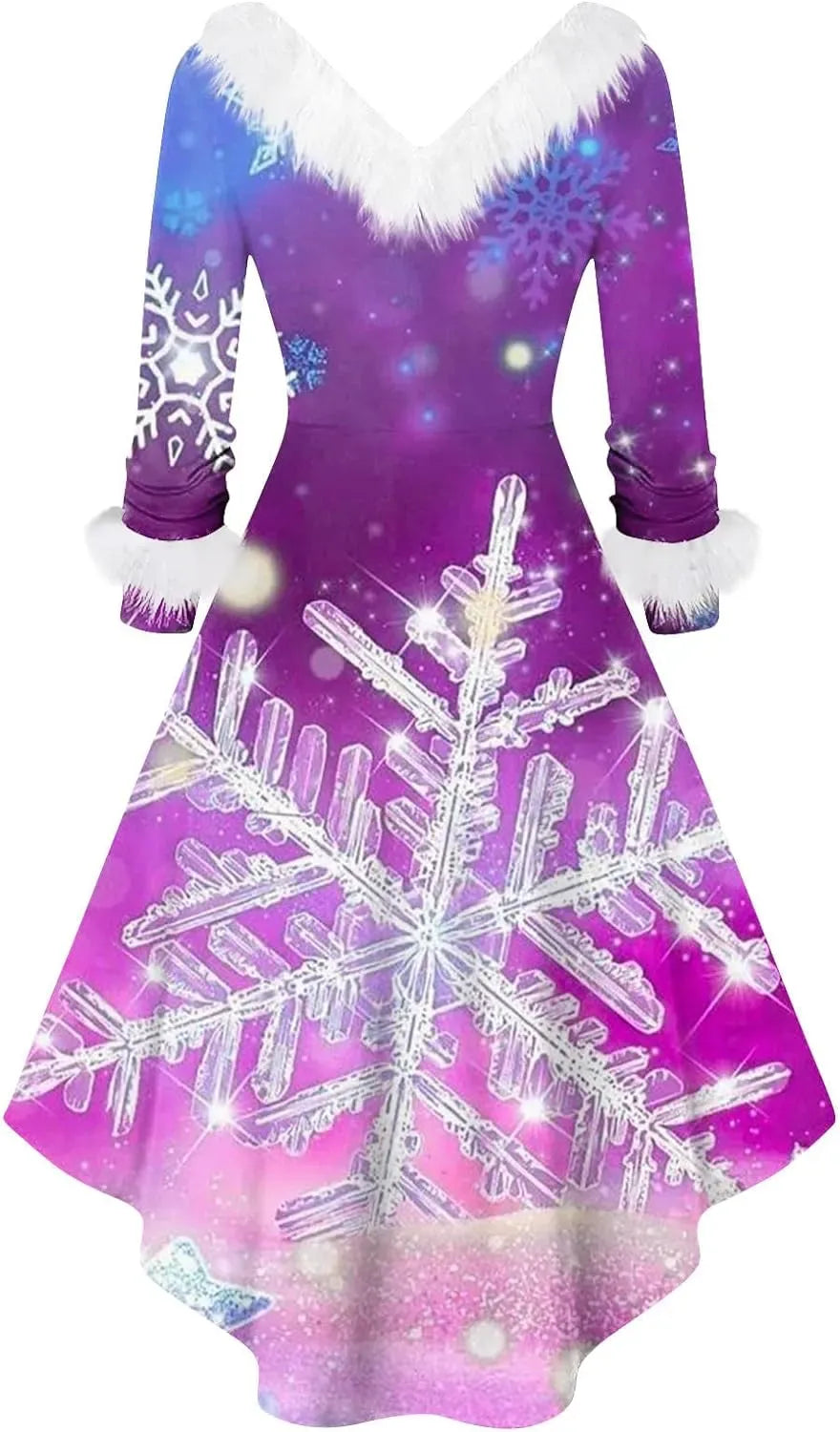 Womens Christmas Dress Fuzzy Mrs Claus Christmas Holiday Xmas Cocktail Holiday Party Flare Dress