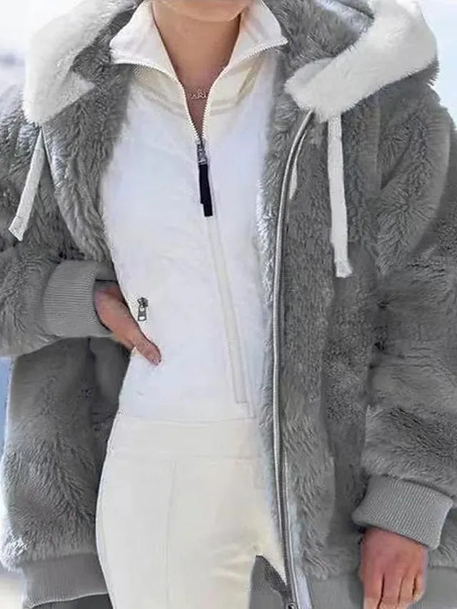 Women's Zip Hoodie Sweatshirt Fleece Jacket Pullover Sherpa Fleece Teddy Zipper Green Blue Purple Plain Round Neck Long Sleeve S M L XL 2XL 3XL / Winter / Fleece lined