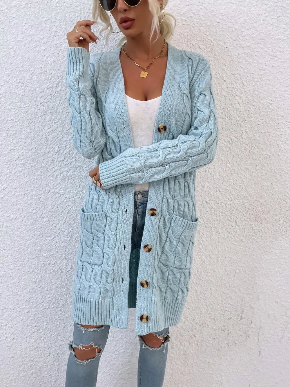 New long coat twist rope solid color cardigan sweater