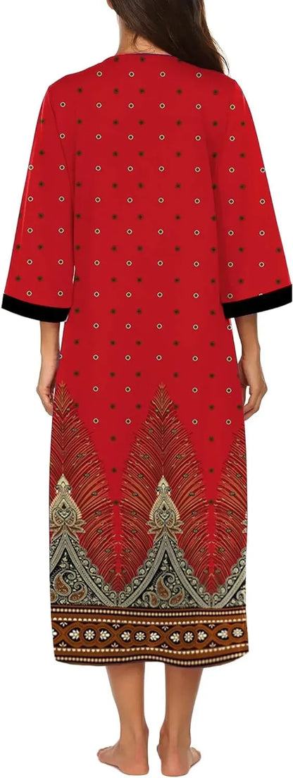 Women Zipper Robe 3/4 Sleeves Loungewear Dress Full Length Sleepwear Pockets Housecoat Nightgown Long Bathrobe