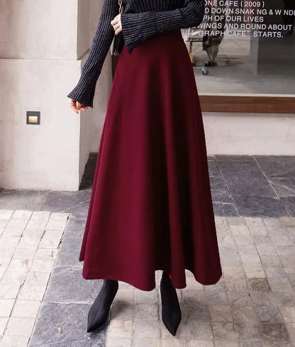 Women's Winter Elegant Warm Long Skirt Wool Maxi Skirts Elastic Waist A-Line High Waist Plaid Pleated Skirt S-3XL
