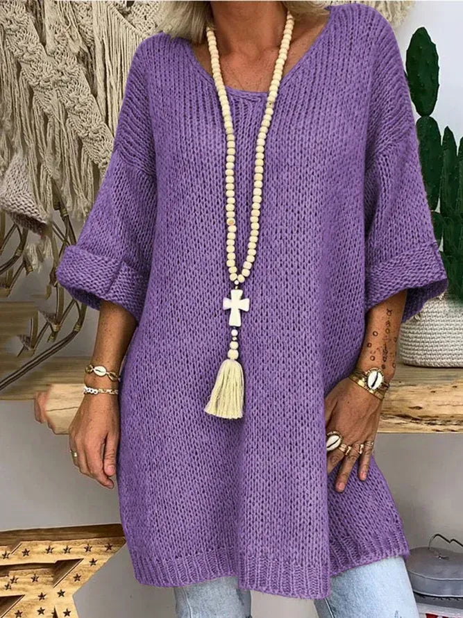 Women 3/4 Sleeves V-Neck Solid Knitted Sweaters