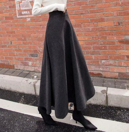 Women's Winter Elegant Warm Long Skirt Wool Maxi Skirts Elastic Waist A-Line High Waist Plaid Pleated Skirt S-3XL