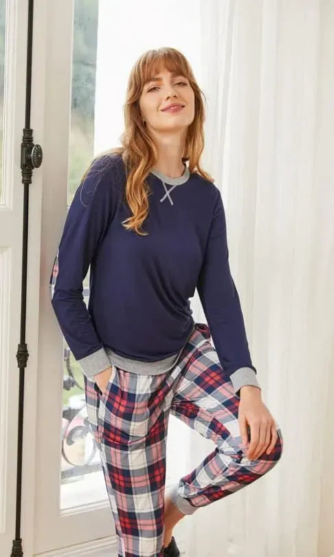 Women's Pajamas Sets Long Sleeve with Plaid Pants Soft Sleepwear O Neck 2 Piece Pjs Joggers Loung Set with Pockets
