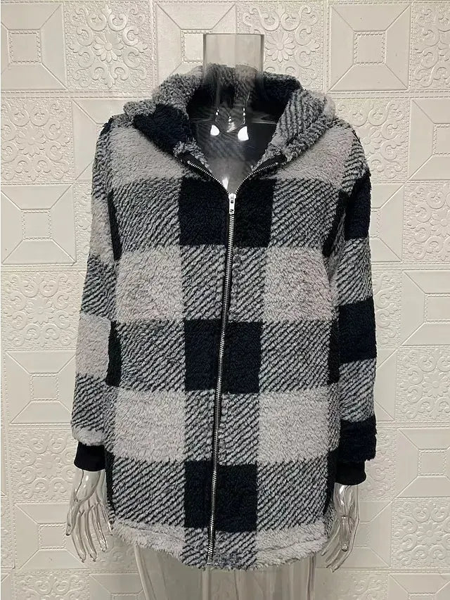 Women's Fleece Jacket Fleece Basic Pocket Zip Up Black Light Green Red Plaid Street Casual Hoodie Long Sleeve Top Micro-elastic Fall & Winter