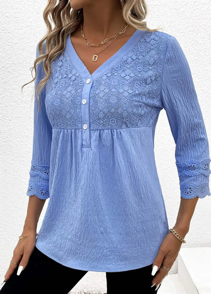 Blue Lace Long Sleeve V Neck Blouse