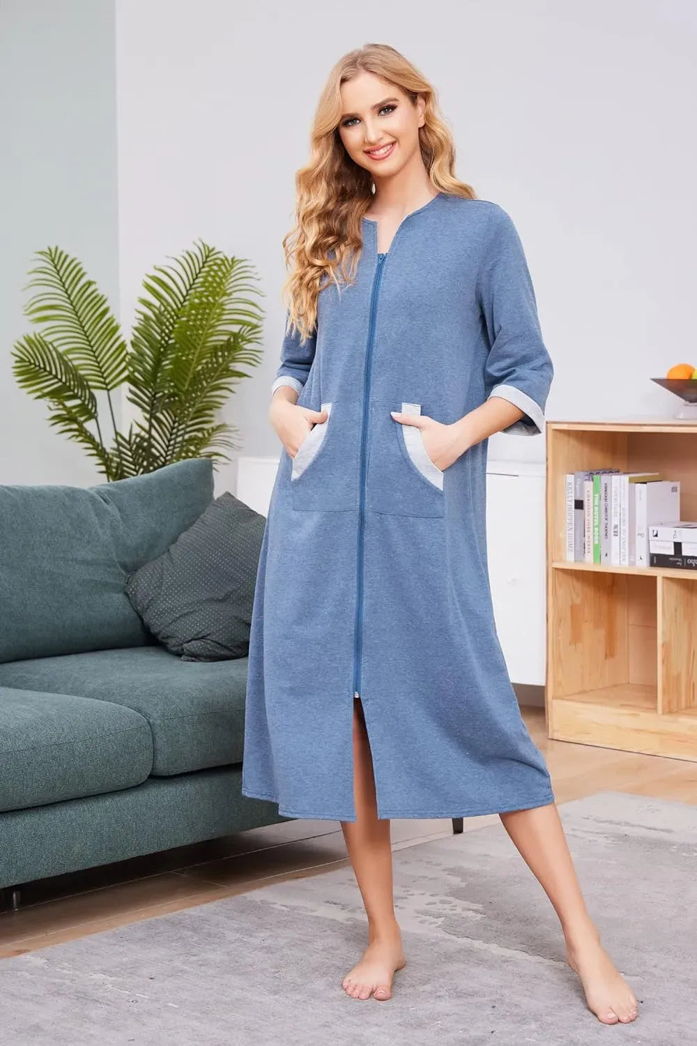 Women Zipper Robe 3/4 Sleeves Loungewear Dress Full Length Sleepwear Pockets Housecoat Nightgown Long Bathrobe