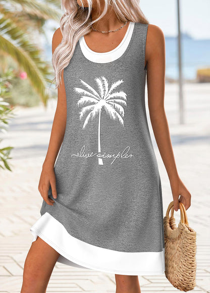 Grey Patchwork Tropical Plants Print Short A Line Dress