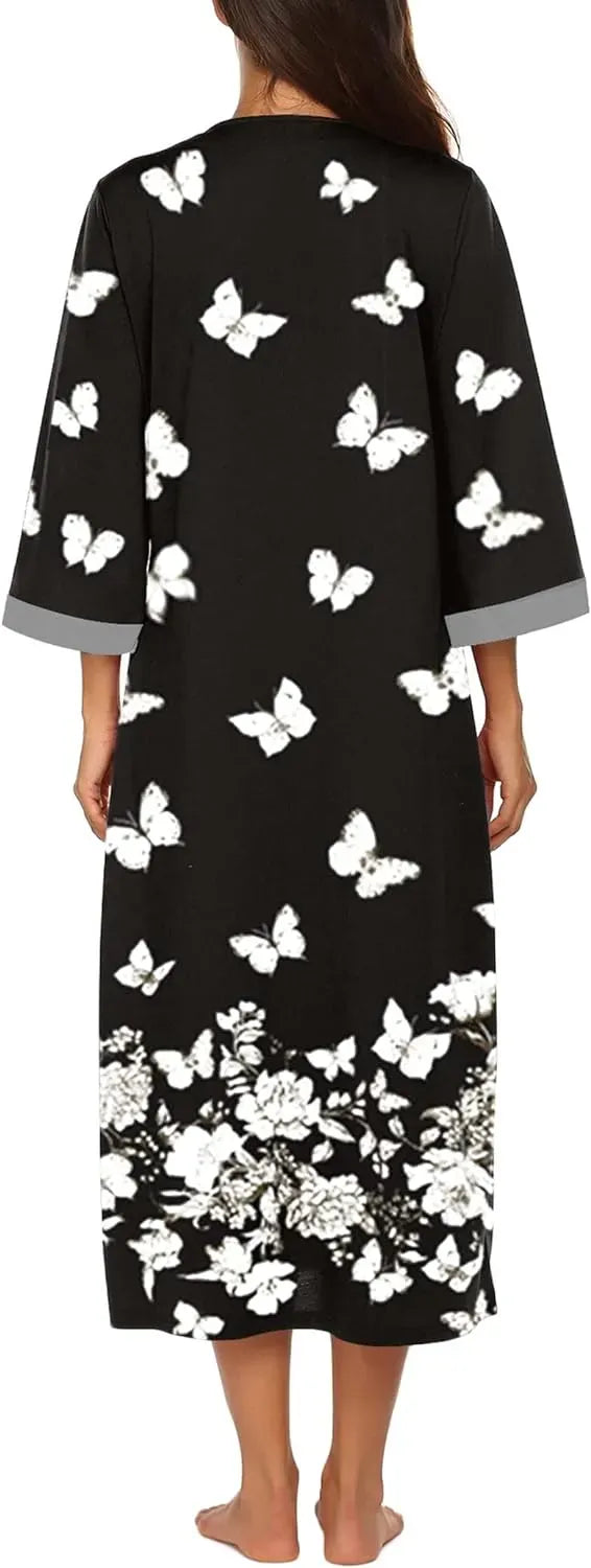 Women Zipper Robe 3/4 Sleeves Loungewear Dress Full Length Sleepwear Pockets Housecoat Nightgown Long Bathrobe