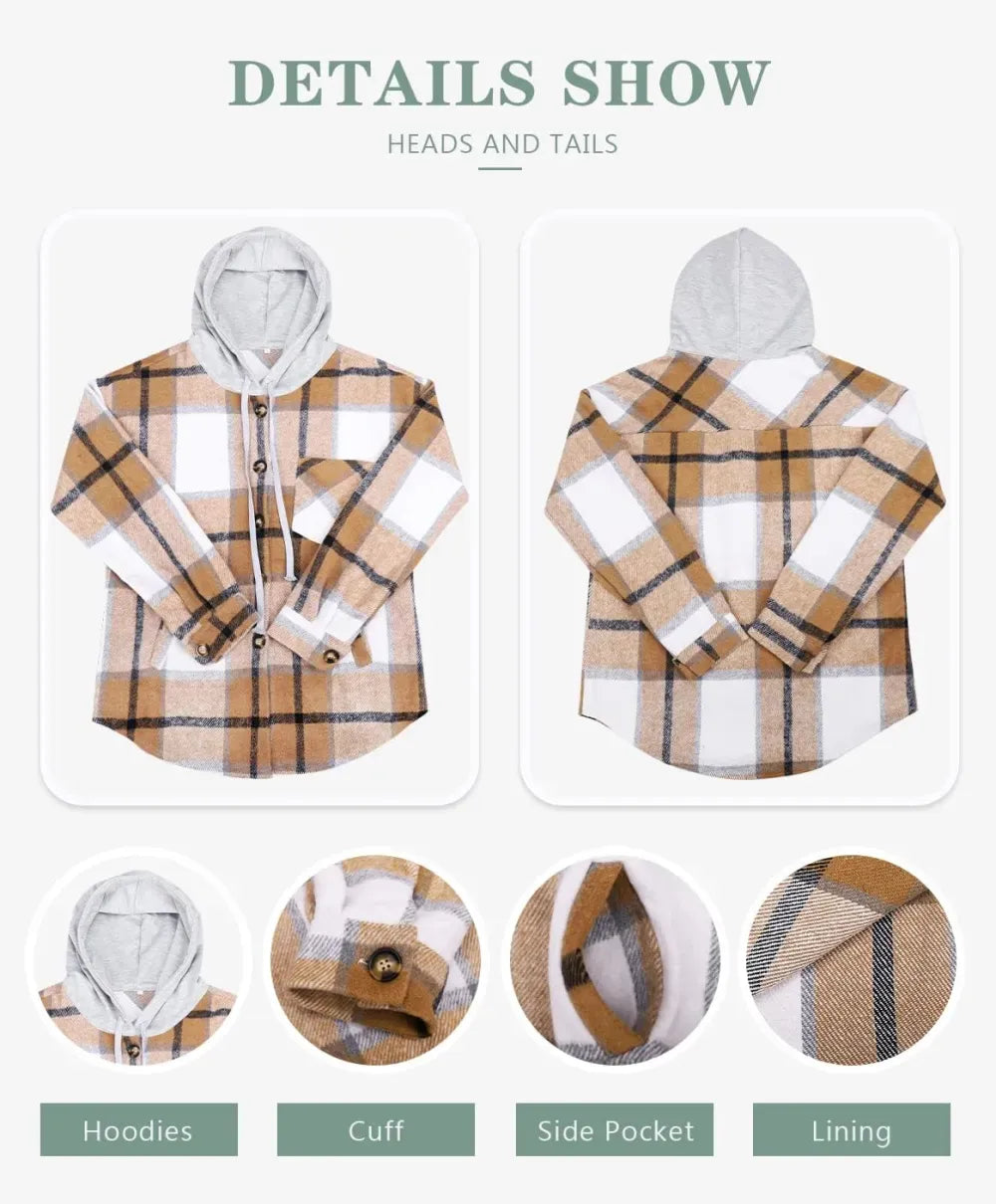 Womens Casual Plaid Shackets Brushed Flannel Button Down Shirt Jacket Coats with Side Pockets