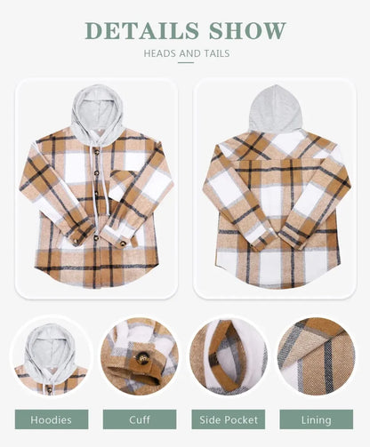 Womens Casual Plaid Shackets Brushed Flannel Button Down Shirt Jacket Coats with Side Pockets