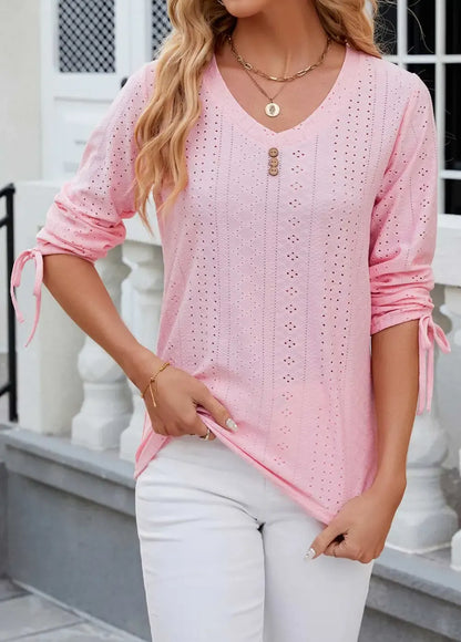 Pink Button Long Sleeve V Neck T Shirt