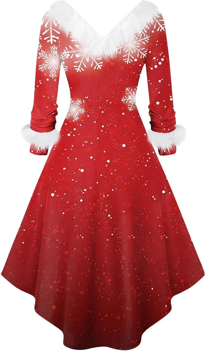 Womens Christmas Dress Fuzzy Mrs Claus Christmas Holiday Xmas Cocktail Holiday Party Flare Dress