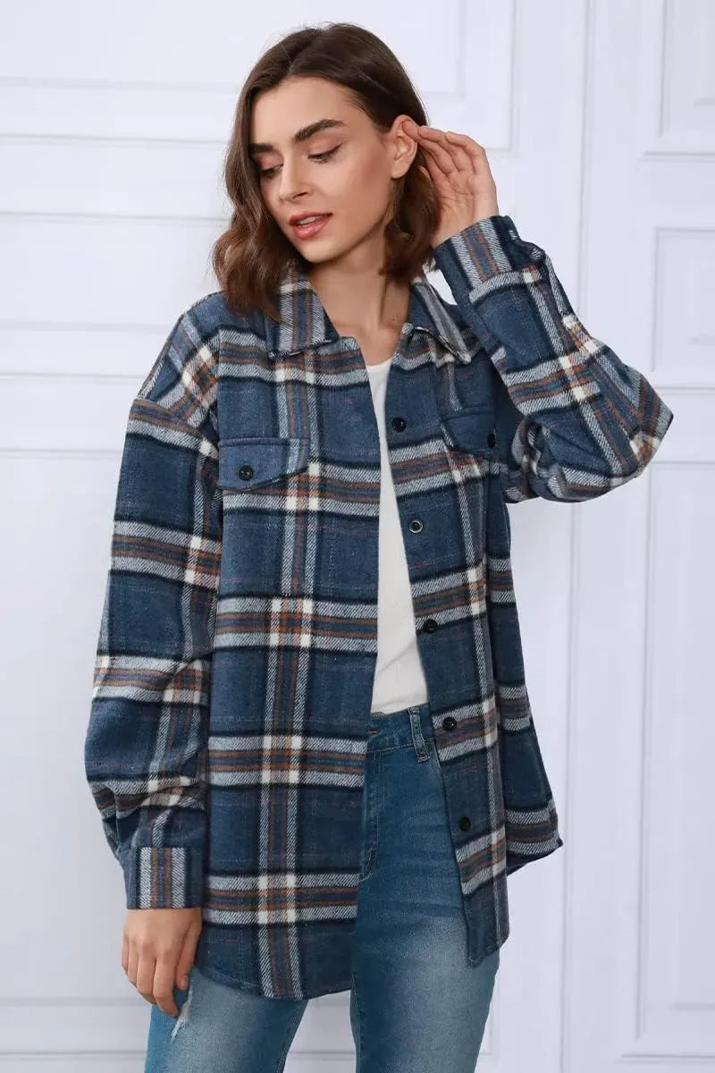 Womens Casual Plaid Shacket Button Down Long Sleeve Shirt