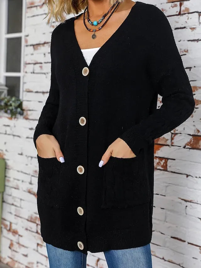 Women‘s Christmas Cardigan Sweater V Neck Cable Knit Polyester Button Pocket Fall Winter Long Outdoor Xmas Daily Going out Stylish Casual Soft Long Sleeve Solid Color Black Red Blue S M L