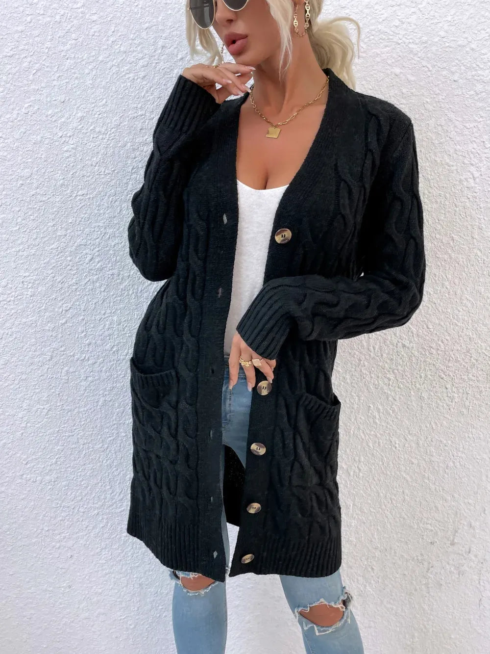 New long coat twist rope solid color cardigan sweater