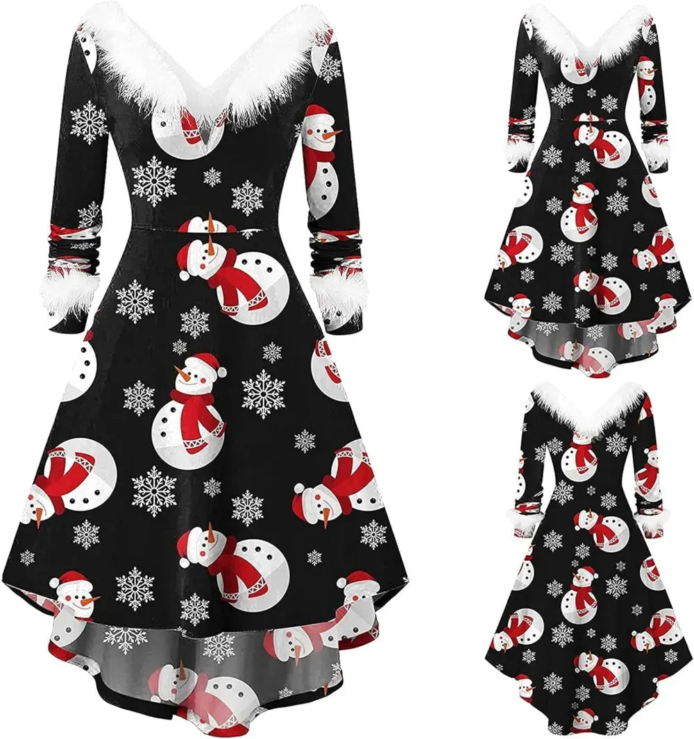 Womens Christmas Dress Fuzzy Mrs Claus Christmas Holiday Xmas Cocktail Holiday Party Flare Dress