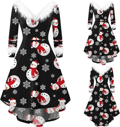 Womens Christmas Dress Fuzzy Mrs Claus Christmas Holiday Xmas Cocktail Holiday Party Flare Dress