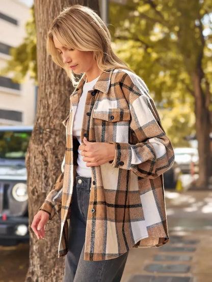 Womens Casual Plaid Shacket Button Down Long Sleeve Shirt