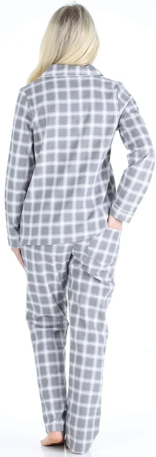 Women's Cotton Flannel Long Sleeve Button-Down Pajamas PJ Set