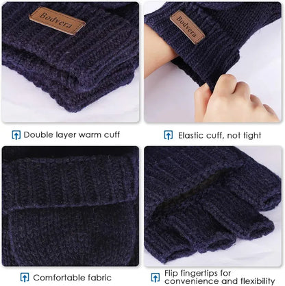 Bodvera Thermal Insulation Fingerless Texting Wool Gloves for Women and Men Winter Warm Knitted Convertible Mittens Flap