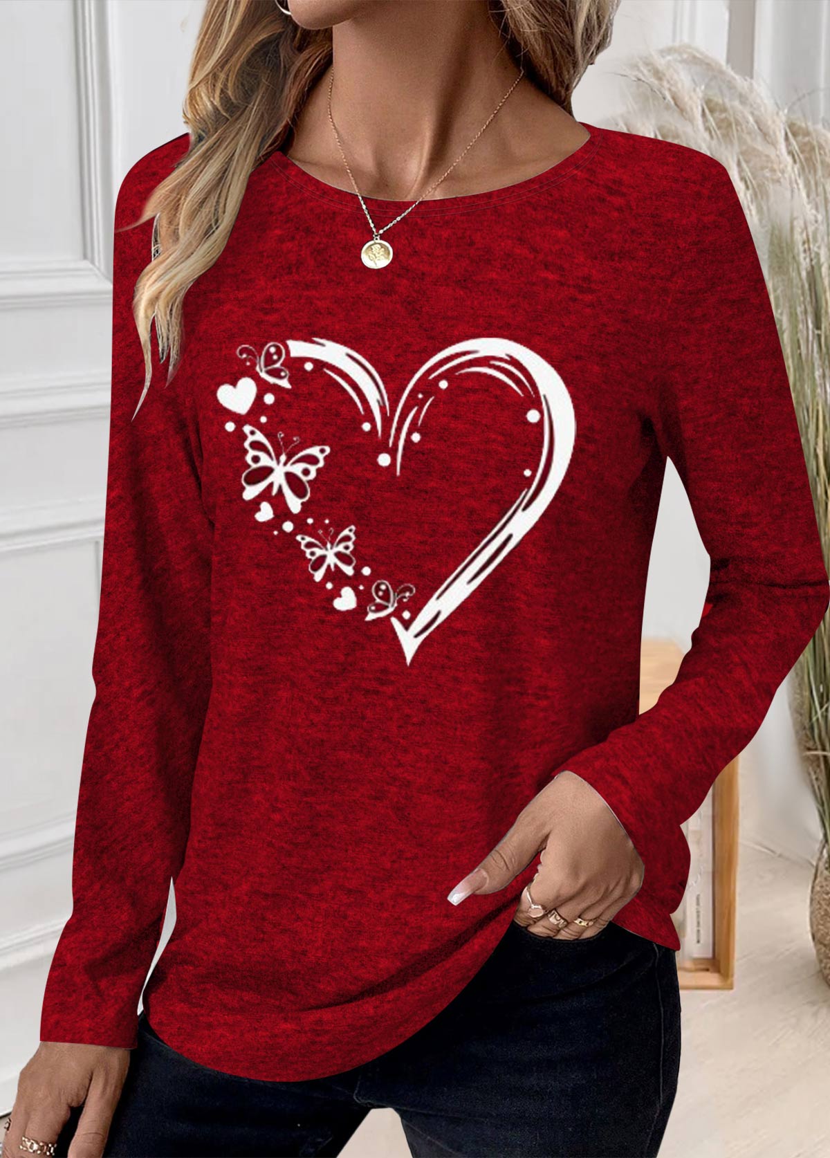 Red Patchwork Heart Print Long Sleeve T Shirt