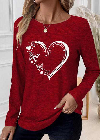 Red Patchwork Heart Print Long Sleeve T Shirt