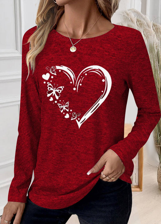 Red Patchwork Heart Print Long Sleeve T Shirt