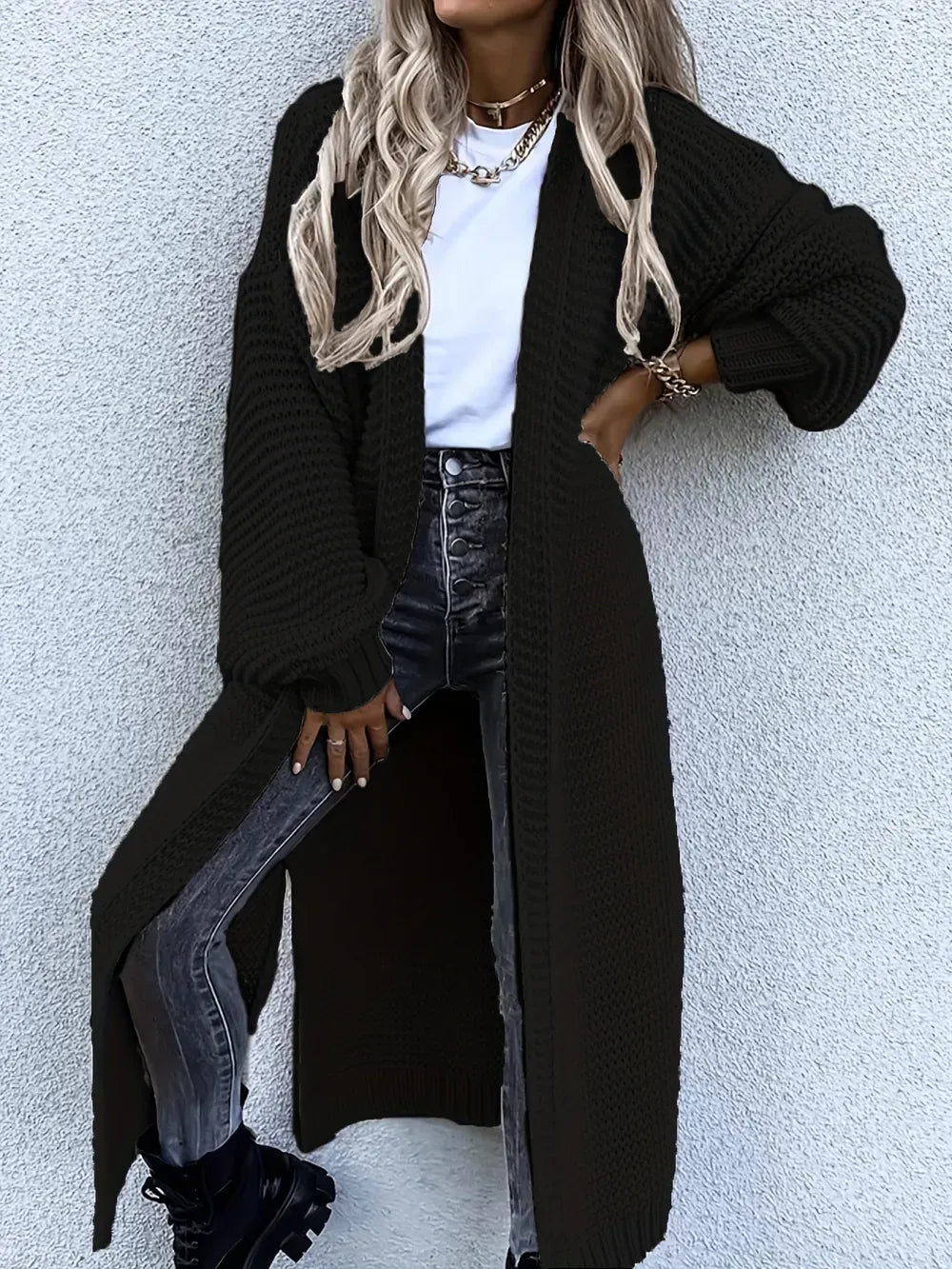 Solid Open Front Side Split Cardigan, Casual Long Sleeve Cardigan For Spring & Fall, Women's Clothing