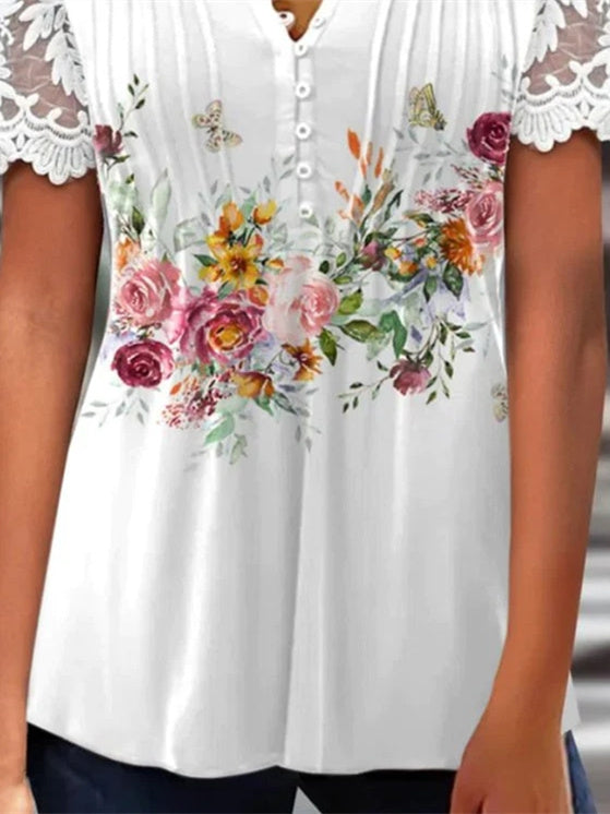 Women's Short Sleeve V-Neck Lace Graphic Floral Printed Top
