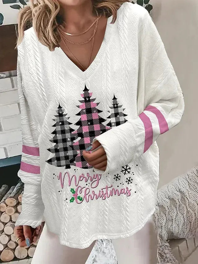 Women‘s Christmas Pullover Sweater Jumper V Neck Crochet Knit Polyester Print Fall Winter Christmas Weekend Casual Soft Long Sleeve Xmas Tree Pink Red Green S M L