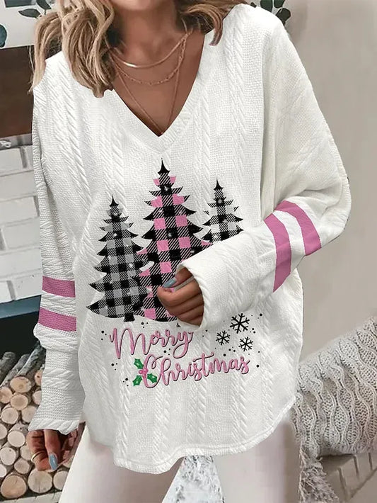 Women‘s Christmas Pullover Sweater Jumper V Neck Crochet Knit Polyester Print Fall Winter Christmas Weekend Casual Soft Long Sleeve Xmas Tree Pink Red Green S M L