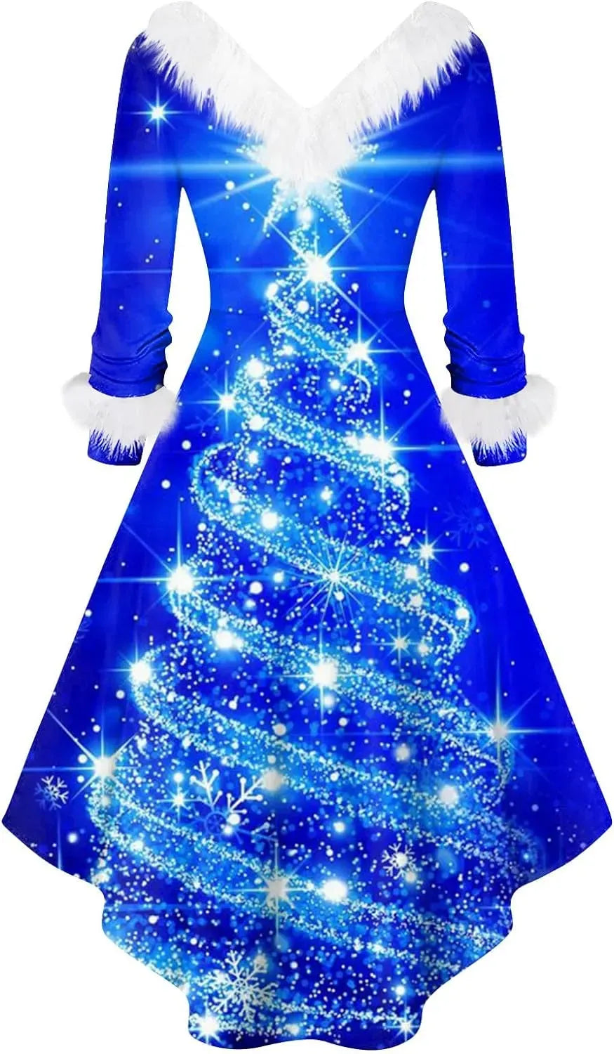 Womens Christmas Dress Fuzzy Mrs Claus Christmas Holiday Xmas Cocktail Holiday Party Flare Dress