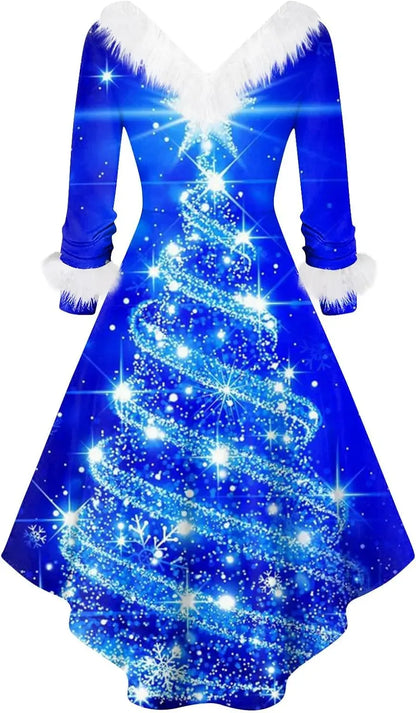 Womens Christmas Dress Fuzzy Mrs Claus Christmas Holiday Xmas Cocktail Holiday Party Flare Dress