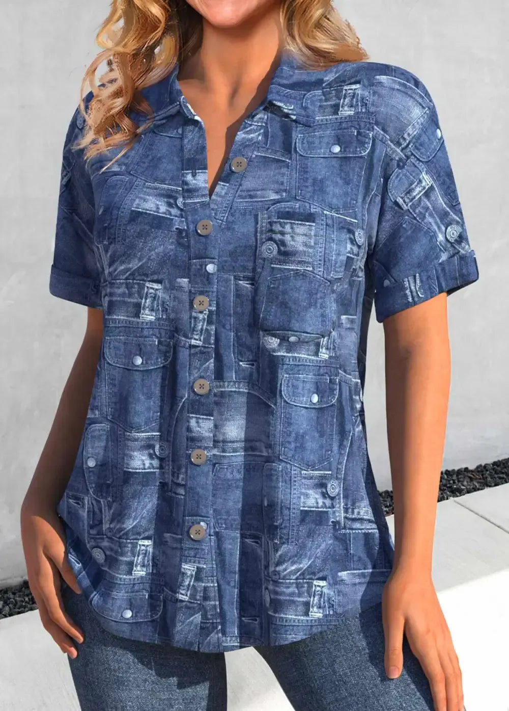 Light Blue Pocket Geometric Print Short Sleeve Blouse