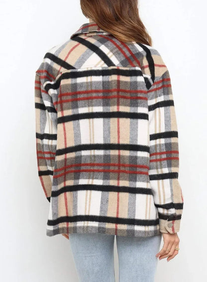 Womens Casual Plaid Shackets Brushed Flannel Button Down Shirt Jacket Coats with Side Pockets