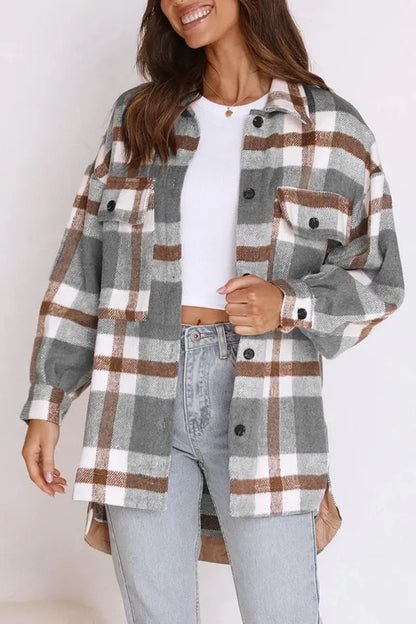 Womens Casual Plaid Shacket Button Down Long Sleeve Shirt