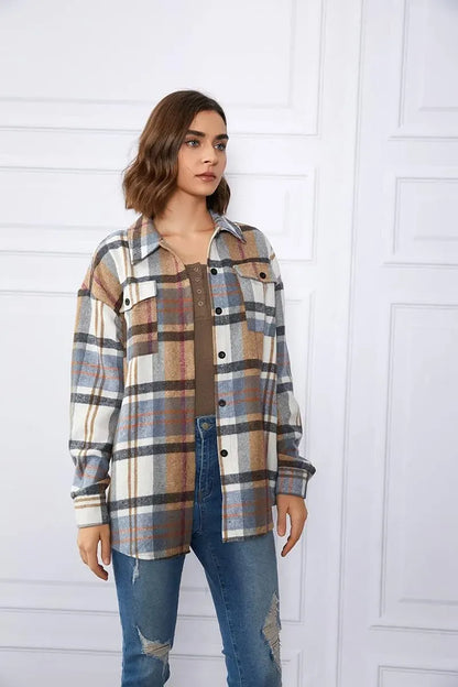 Womens Casual Plaid Shacket Button Down Long Sleeve Shirt