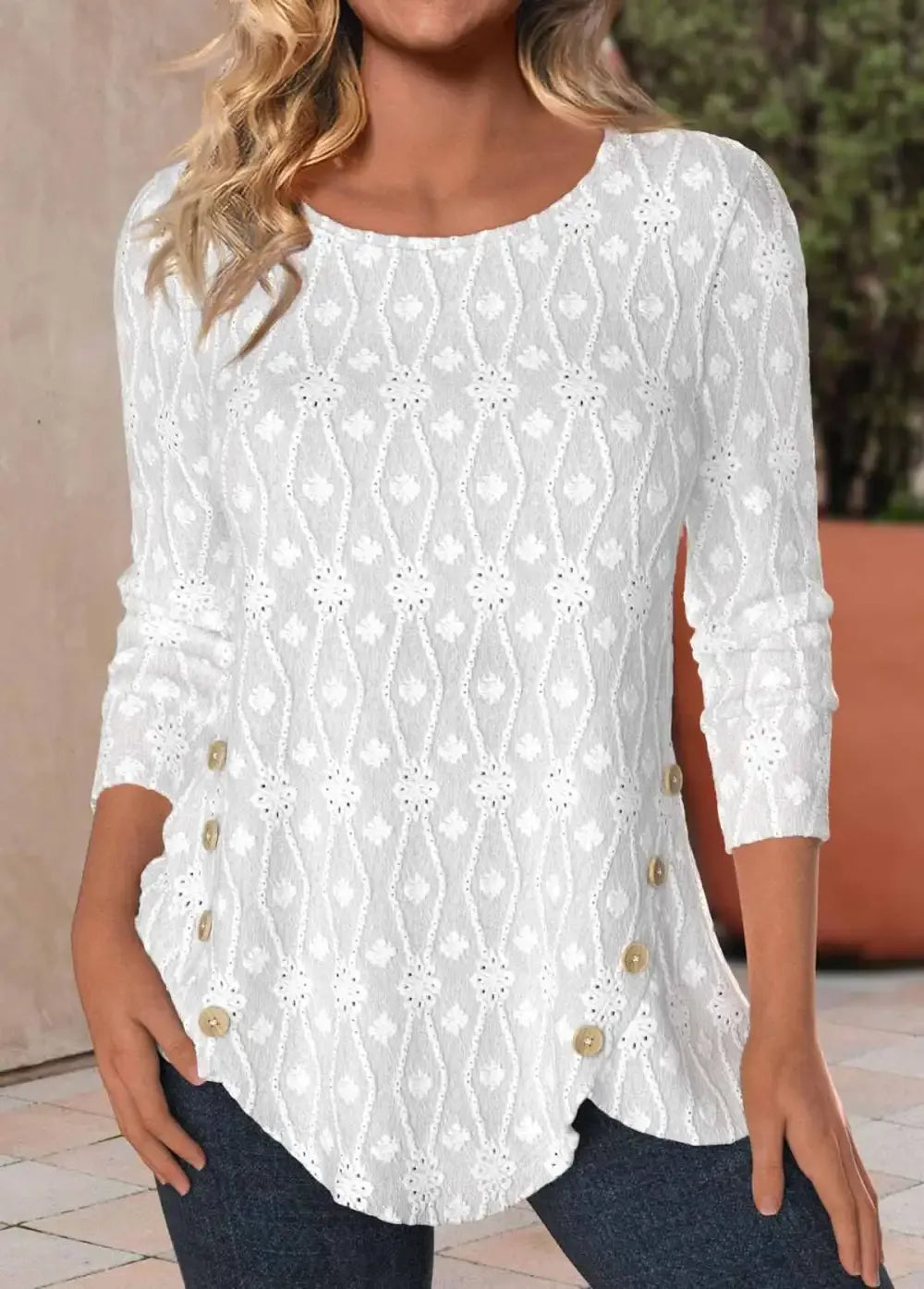 White Button Long Sleeve Round Neck T Shirt