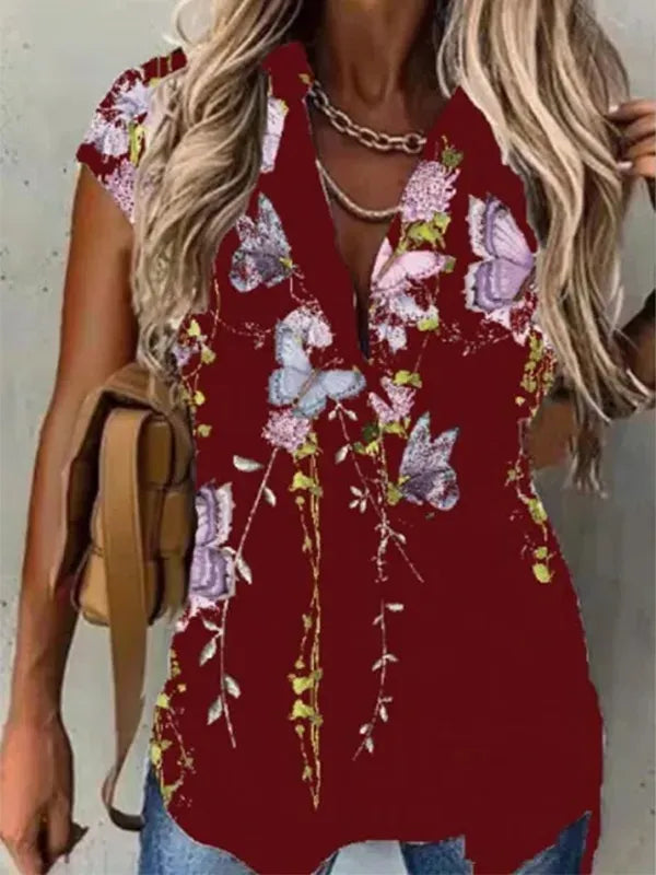 Collar Floral Vacation Blouse