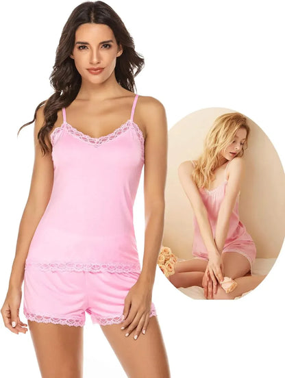Women Cami Pajama Set Modal Sleepwear Lace Trim Short PJ Set with Shorts