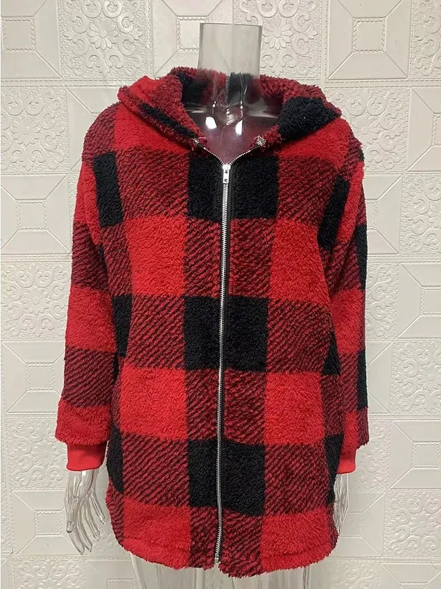 Women's Fleece Jacket Fleece Basic Pocket Zip Up Black Light Green Red Plaid Street Casual Hoodie Long Sleeve Top Micro-elastic Fall & Winter