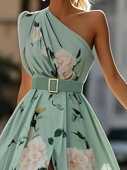 Light Green Floral Ruched One Shoulder A-Line Maxi Chiffon Dress
