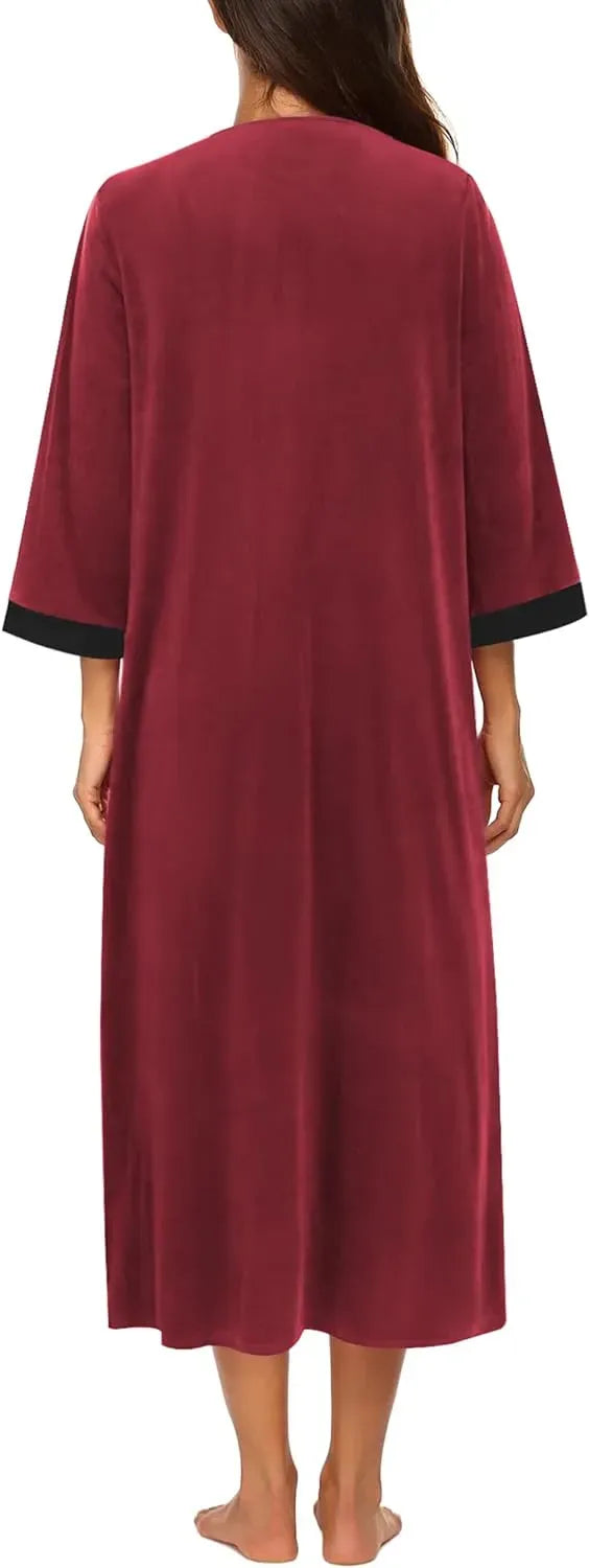 Women Zipper Robe 3/4 Sleeves Loungewear Dress Full Length Sleepwear Pockets Housecoat Nightgown Long Bathrobe