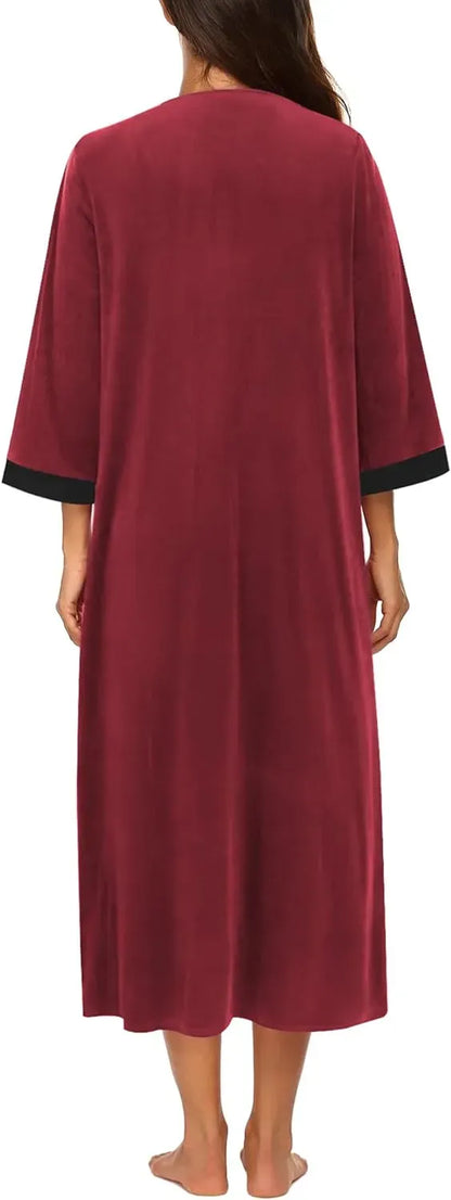 Women Zipper Robe 3/4 Sleeves Loungewear Dress Full Length Sleepwear Pockets Housecoat Nightgown Long Bathrobe