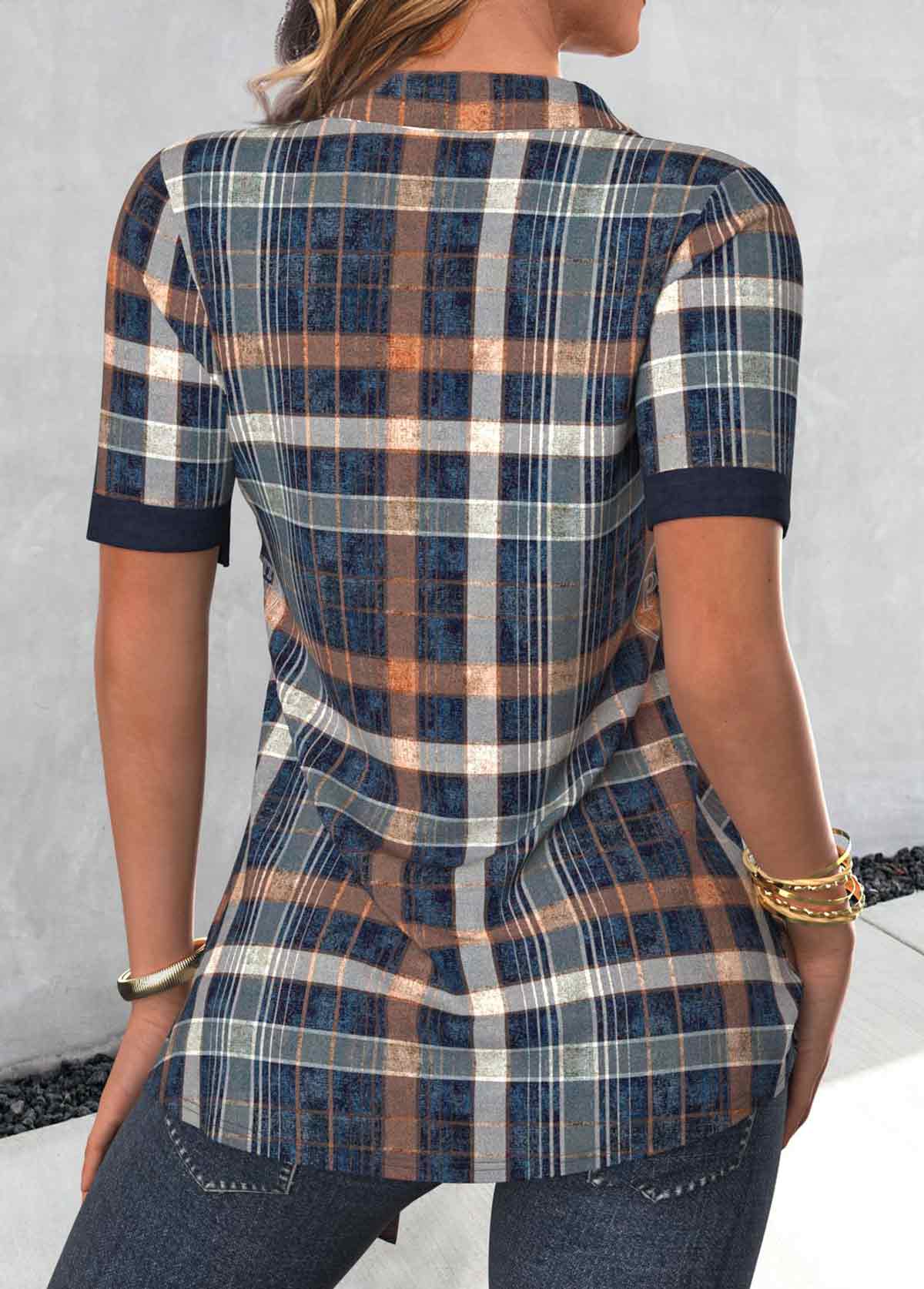 Navy Fake 2in1 Plaid Short Sleeve Shirt
