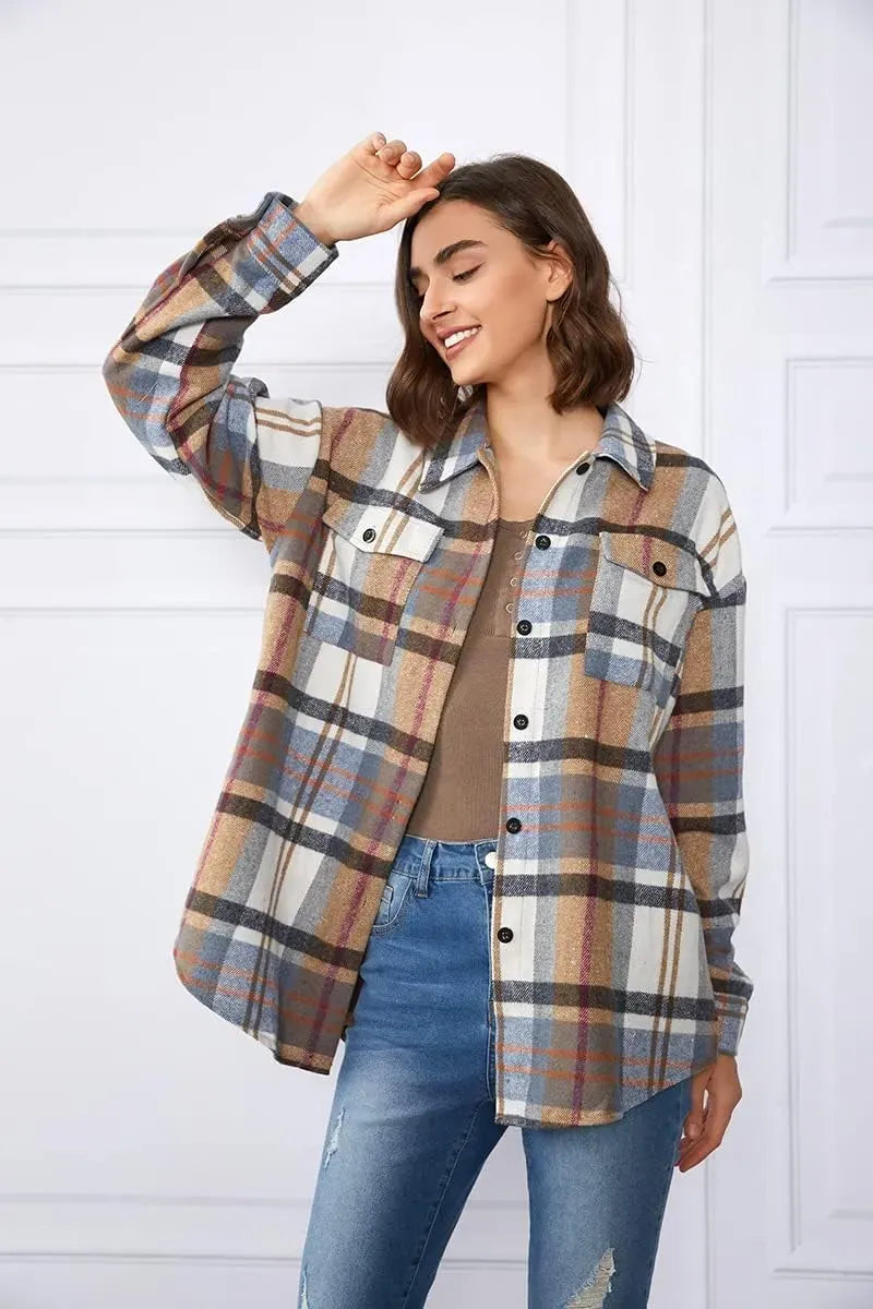 Womens Casual Plaid Shacket Button Down Long Sleeve Shirt