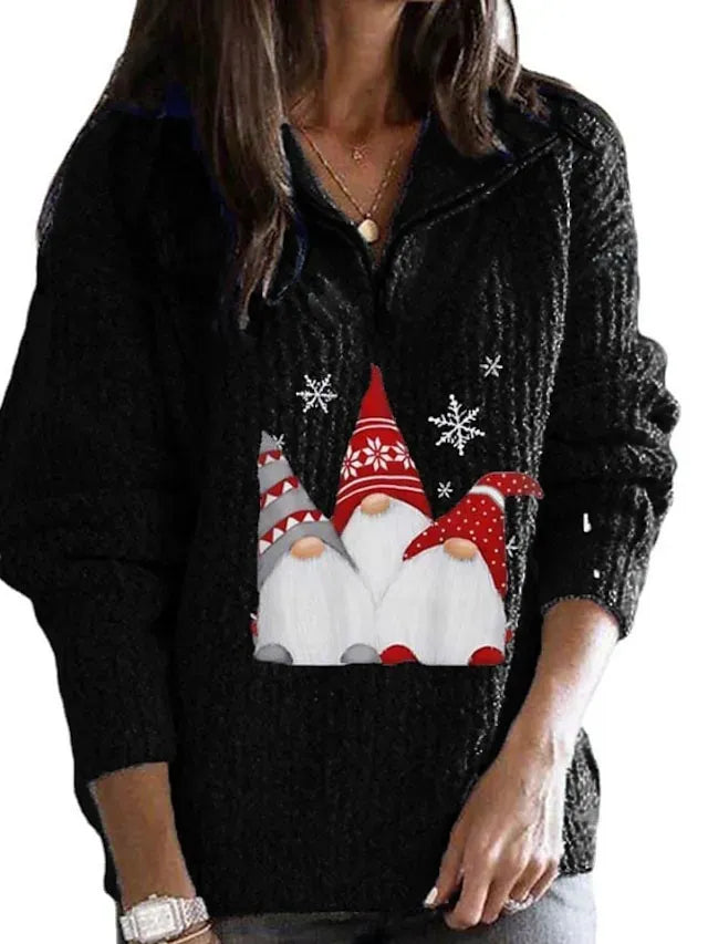 Women's Ugly Christmas Sweater Pullover Sweater Jumper Shirt Collar Half Zip Crochet Knit Polyester Zipper Knitted Fall Winter Xmas Holiday Stylish Casual Soft Long Sleeve Geometric Black Pink