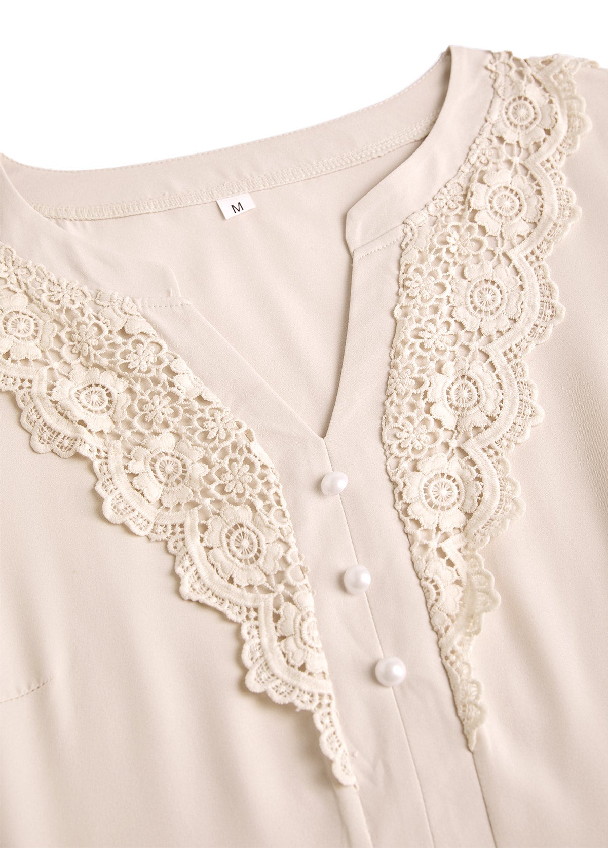 Beige Embroidery Long Sleeve Split Neck Blouse