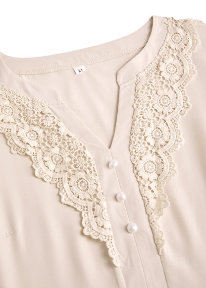 Beige Embroidery Long Sleeve Split Neck Blouse
